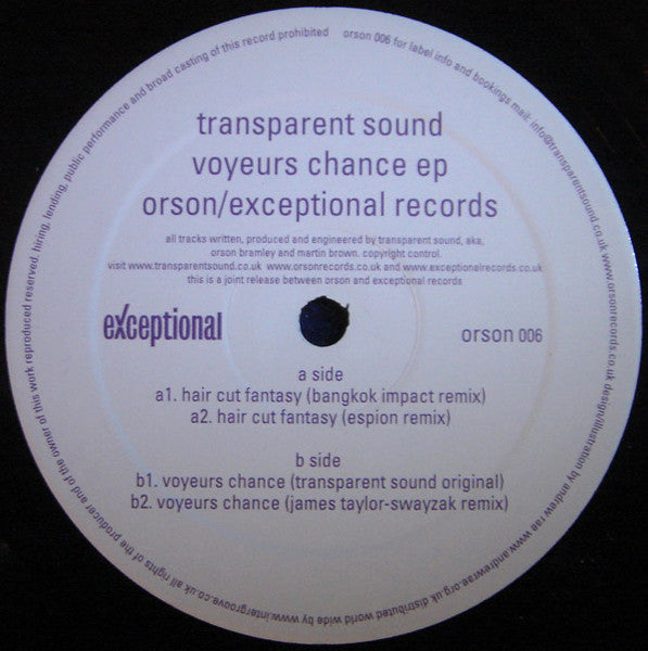 Transparent Sound – Voyeurs Chance EP Orson Records ORSON006