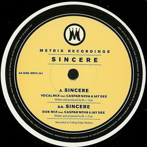 MJ Cole, Caspar Nova, Jay Dee - Sincere 12" METX001 Metrix Recordings