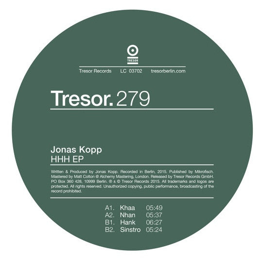 Jonas Kopp – HHH EP 12" Tresor Records – TRESOR279