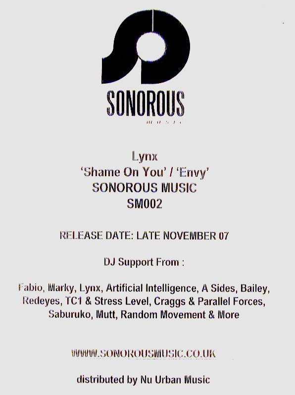 Lynx (7) : Shame On You / Envy (12", Promo, W/Lbl)