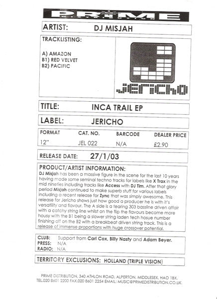 DJ Misjah : Inca Trail EP (12", EP, W/Lbl)