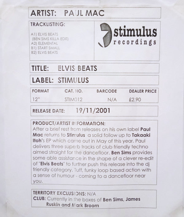 Paul Mac : Elvis Beats (12", W/Lbl)