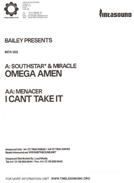 Southstar & Miracle / Menacer : Omega Amen / I Can't Take It (12", Promo, W/Lbl)
