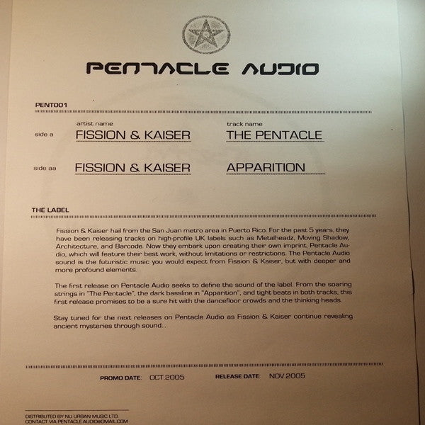 Fission & Kaiser : The Pentacle / Apparition (12", W/Lbl)