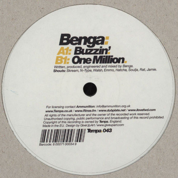 Benga : Buzzin' / One Million (12")