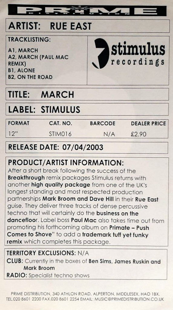 Rue East : March (12", W/Lbl)