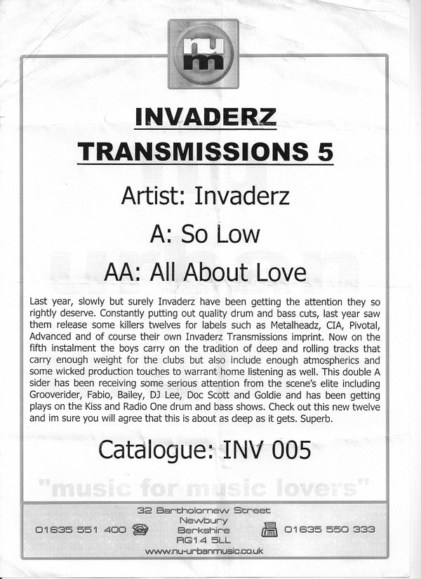 Invaderz : So Low / All About Love (12", Promo, W/Lbl)