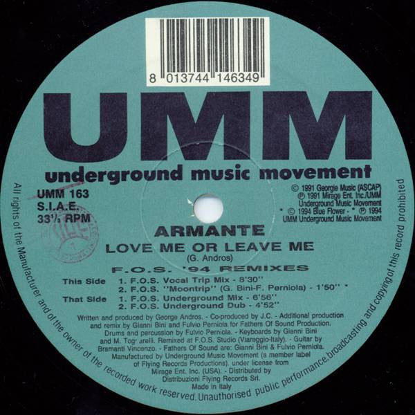 Armante : Love Me Or Leave Me (F.O.S. '94 Remixes) (12")