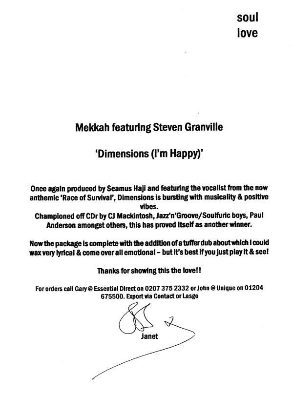 Mekkah Featuring Stephen Granville : Dimensions (I'm Happy) (12", W/Lbl)