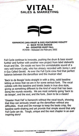I Kamanchi* : Back To Da Boogie / Disaster Must Fall (12", W/Lbl)