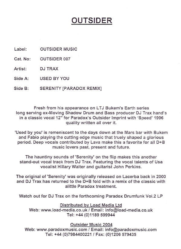 DJ Trax : Used By You / Serenity (Paradox Remix) (12", Promo, W/Lbl)
