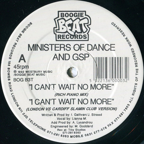Ministers Of Dance & GSP - I Can't Wait No More 12" Boogie Beat Records ‎– BOG B3T