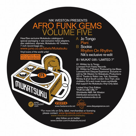 Nik Weston Presents Jo Tongo / Sookie ‎– Afro Funk Gems Volume Five 7" Mukatsuku Records ‎– MUKAT 035