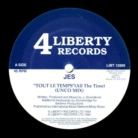 Jes - Tout Le Temps (All The Time) 12" 4 Liberty Records Ltd LIBT 12005