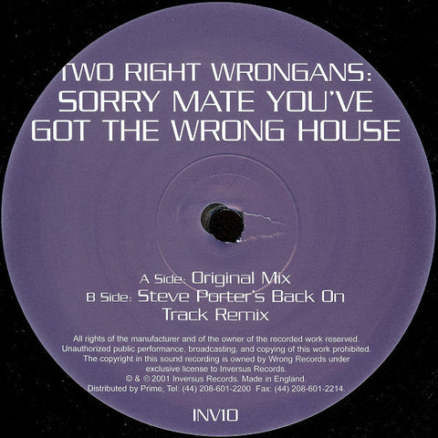 Two Right Wrongans ‎– Sorry Mate You've Got The Wrong House (Disc 1) - Inversus Records ‎– INV10