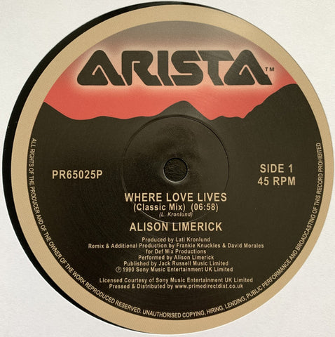 Alison Limerick ‎– Where Love Lives Arista ‎– PR65025P