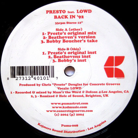 Presto ‎– Back In '92 Puma Strut ‎– PUMA-008
