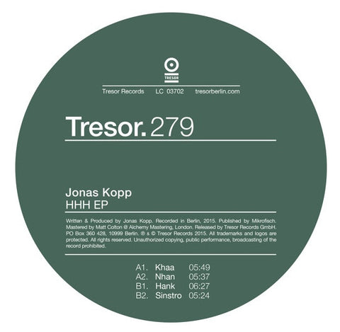 Jonas Kopp ‎– HHH EP 12" Tresor Records ‎– TRESOR279
