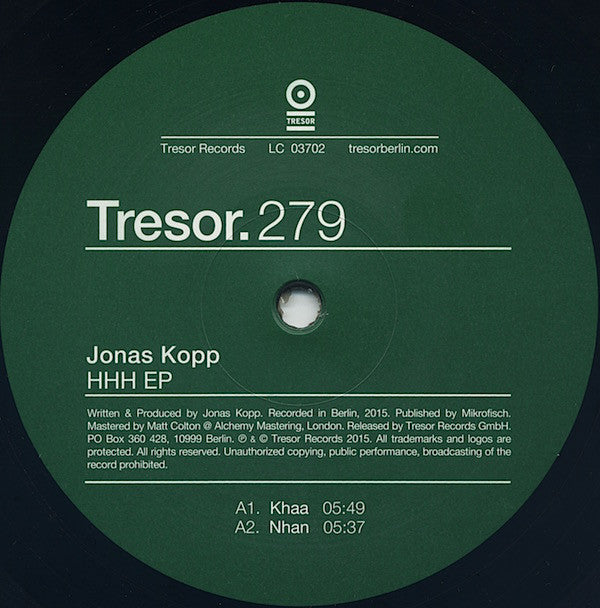 Jonas Kopp ‎– HHH EP Tresor Records ‎– TRESOR279